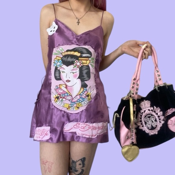 Cursed Kitty Clothing Dresses & Skirts - The “Purple Geisha” Upcycled Ed Hardy Satin Slip Dress By Cursed Kitty Clothing